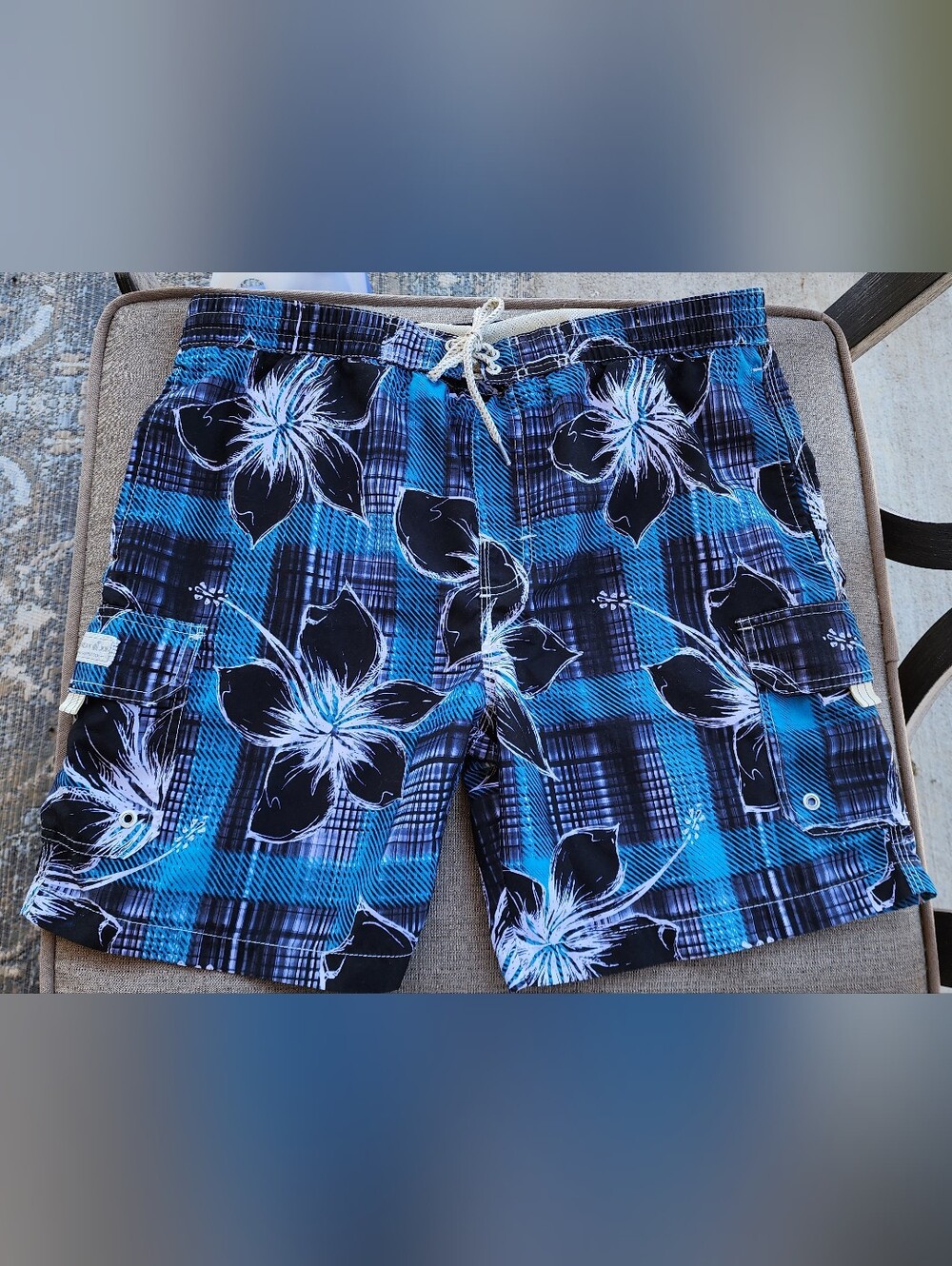Carribean Joe - Men's Blue Hibiscis Plaid Swim Trunks